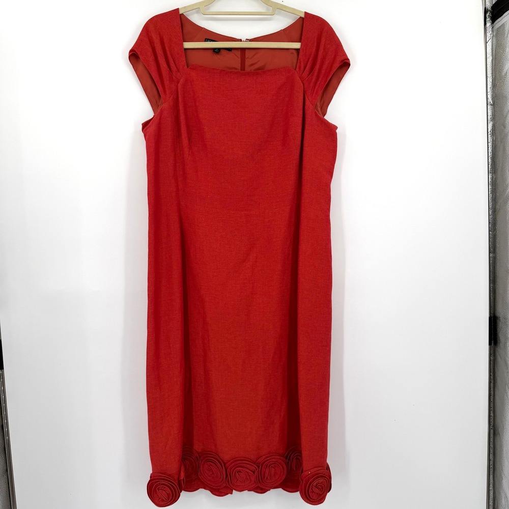 Lafayette 148 New York Red Linen Rosette Hem Sheath Cocktail Dress Size 12